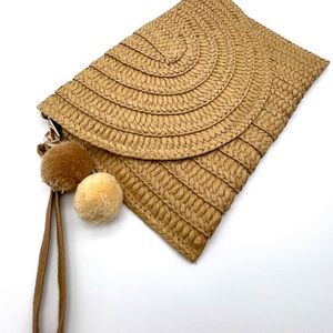 Stylish Handwoven Straw Wrist Bag, Woven Clutch with Pom Poms - Brown